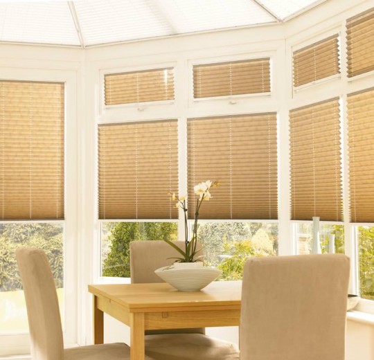 A picture of several wooden blinds
